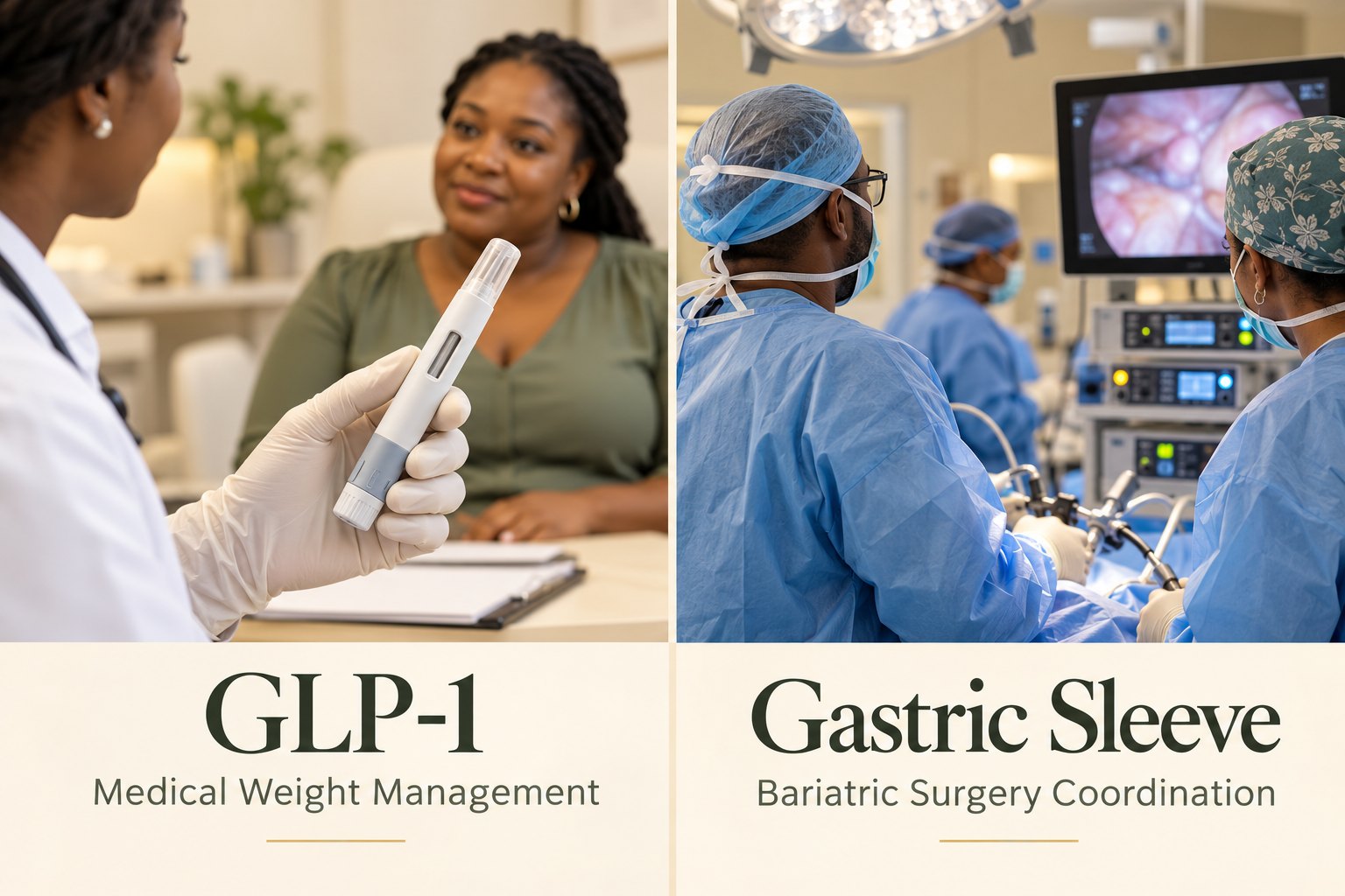 Illustrative two-panel image: a clinician discussing GLP-1 medical weight management with a woman, and a surgical team labelled Gastric Sleeve bariatric surgery coordination.