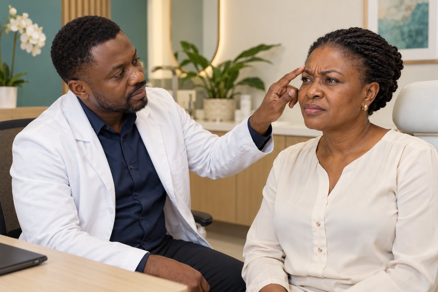 A medical doctor assessing a patient’s frown expression in a modern clinic.