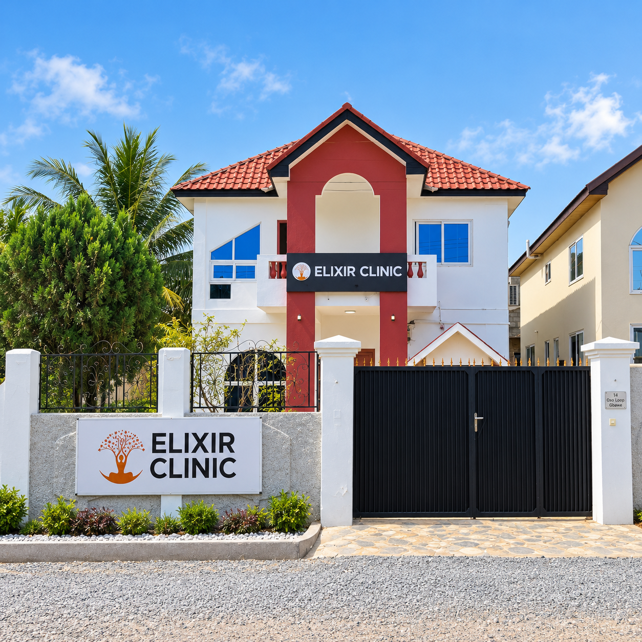 The exterior of Elixir Clinic's building, with its white façade, red entrance arch and ELIXIR CLINIC signage beneath a blue sky.