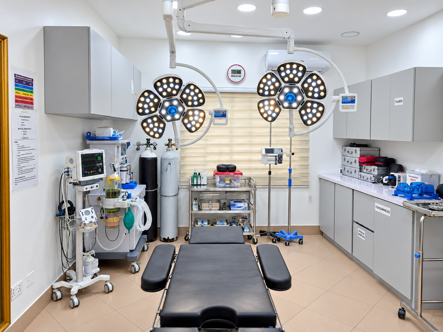 Elixir Clinic's operating theatre, with an empty operating table, ceiling-mounted surgical lights, a patient monitor and labelled supply cabinets.